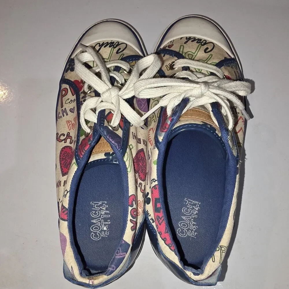 COACH POPPY BARRETT Sz 8 Off White AOP Logo Canvas Lace Up Casual Preppy Shoes
